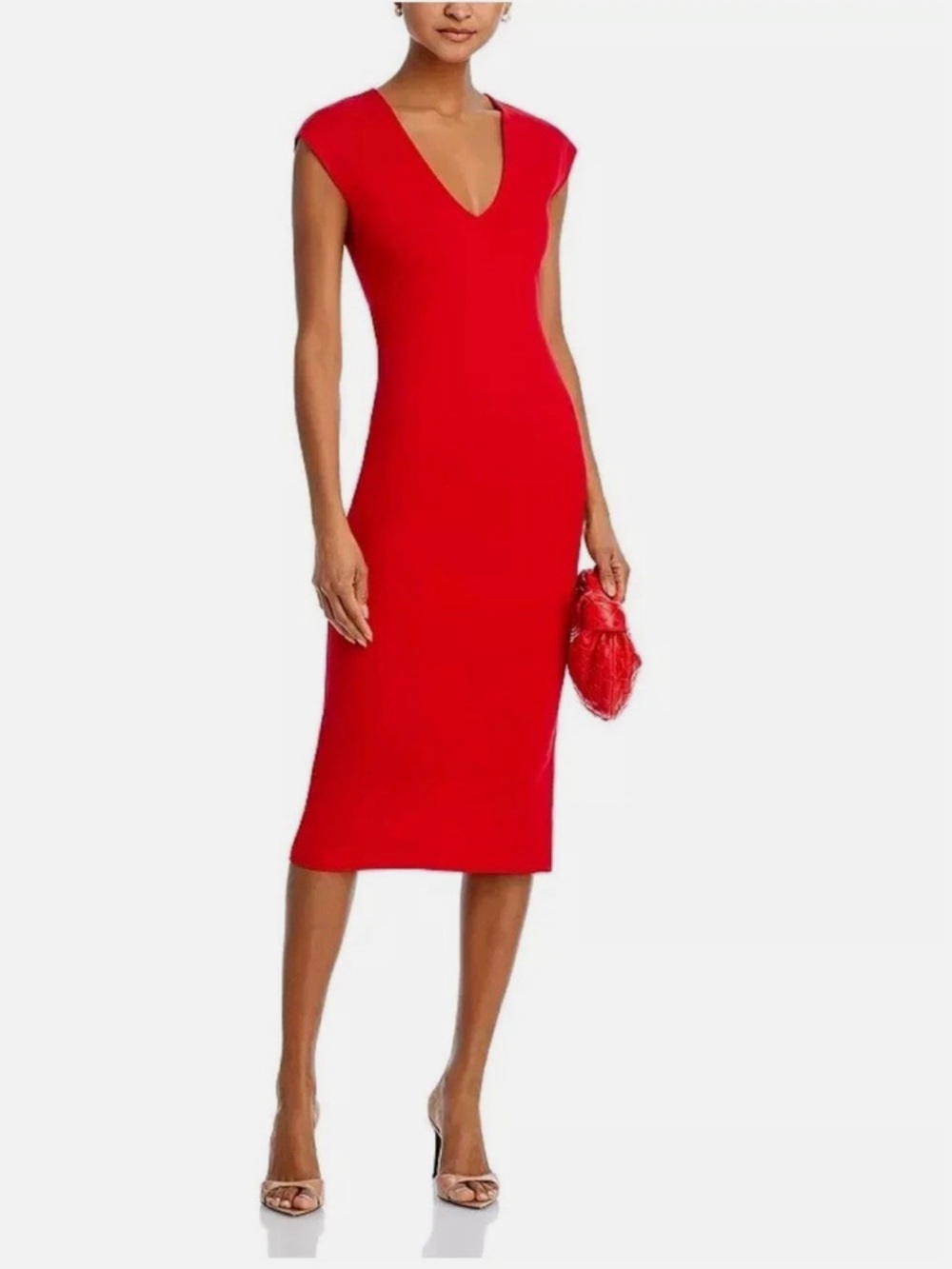 Aqua red bodycon midi dress with cap sleeves